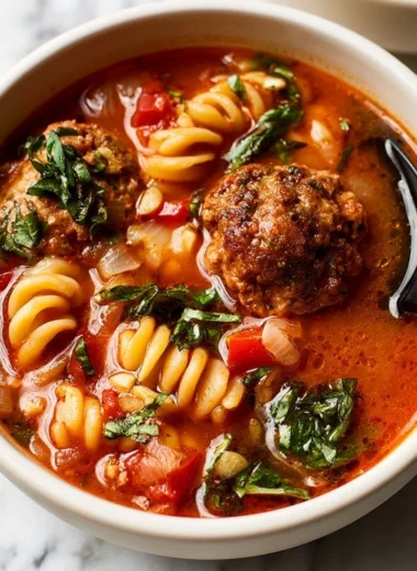Delicious bowl of easy meatball soup with fresh herbs and vegetables