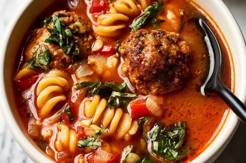 Delicious bowl of easy meatball soup with fresh herbs and vegetables