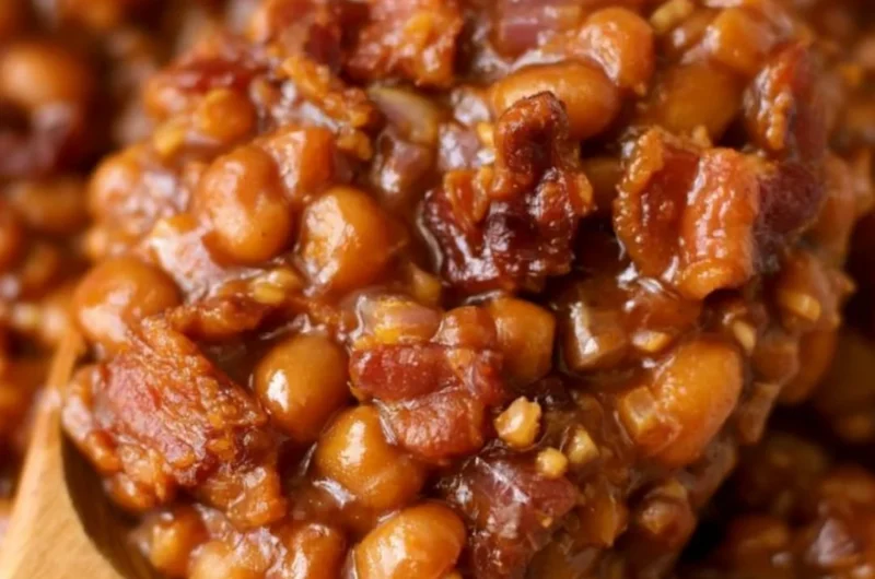 A delicious dish of easy ultimate baked beans garnished with herbs