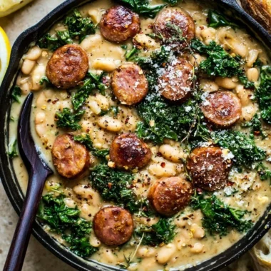 Garlic kale skillet dinner with white beans and sausage in a pan