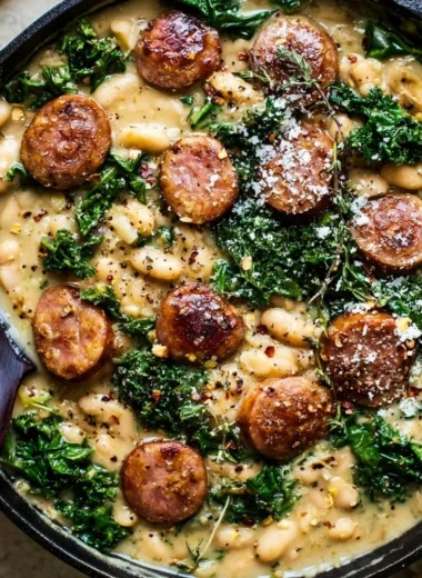 Garlic kale skillet dinner with white beans and sausage in a pan
