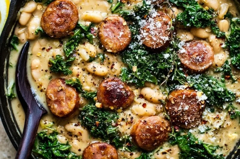 Garlic kale skillet dinner with white beans and sausage in a pan