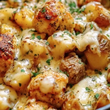 Garlic Parmesan Chicken served with golden roasted potatoes on a plate.