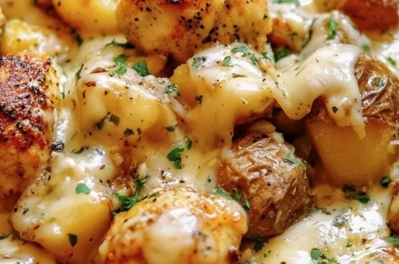Garlic Parmesan Chicken served with golden roasted potatoes on a plate.