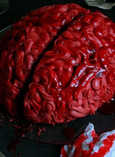 Halloween brain cake decorated with spooky details for festive celebrations