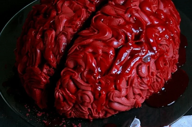 Halloween brain cake decorated with spooky details for festive celebrations