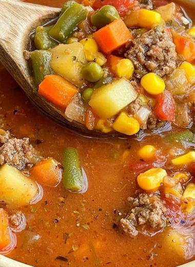 Delicious bowl of Hamburger Soup with vegetables and ground beef