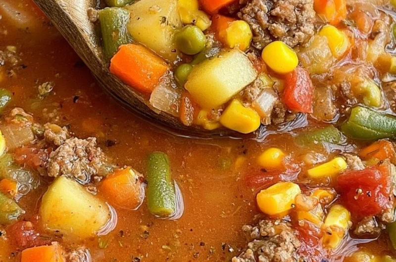 Delicious bowl of Hamburger Soup with vegetables and ground beef