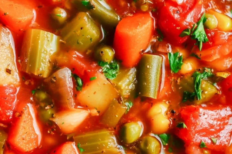 Bowl of hearty vegetable soup with colorful vegetables and fresh herbs