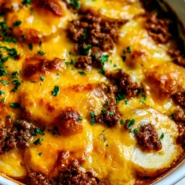 Hobo Casserole made with ground beef and potatoes, baked to perfection.