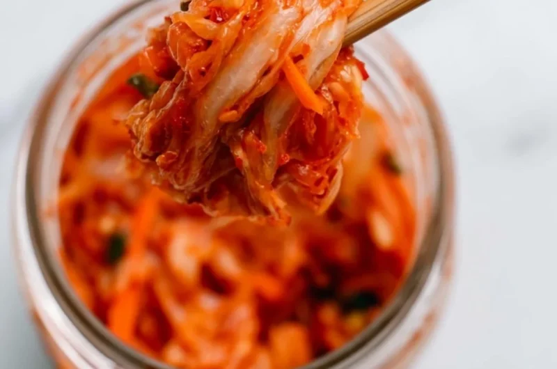 Bowl of homemade kimchi with vibrant vegetables and spices