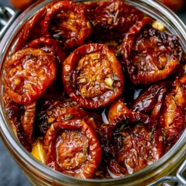 Homemade sun-dried cherry tomatoes in a glass jar with herbs