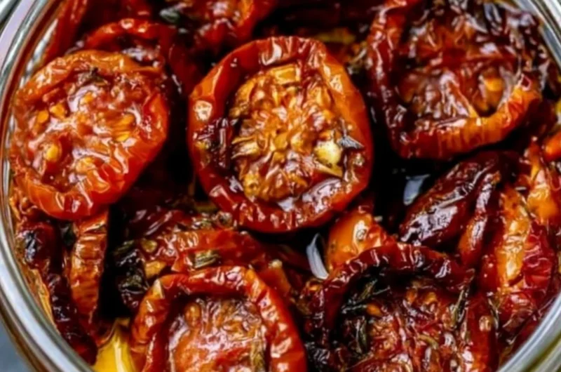 Homemade sun-dried cherry tomatoes in a glass jar with herbs