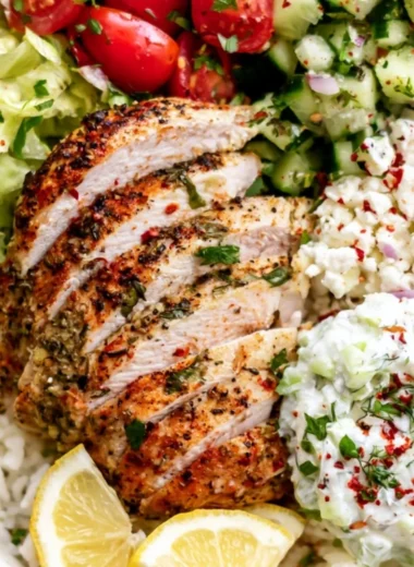 Lemon Herb Greek Chicken Bowls served with fresh vegetables and grains