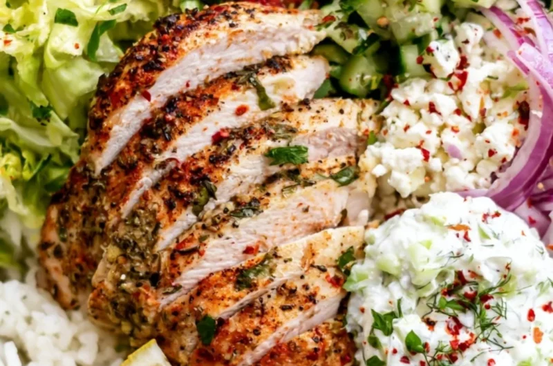 Lemon Herb Greek Chicken Bowls served with fresh vegetables and grains