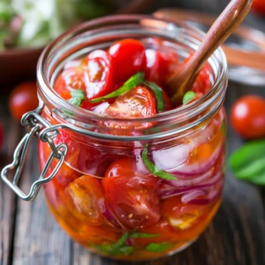 Bowl of flavorful marinated cherry tomatoes garnished with herbs
