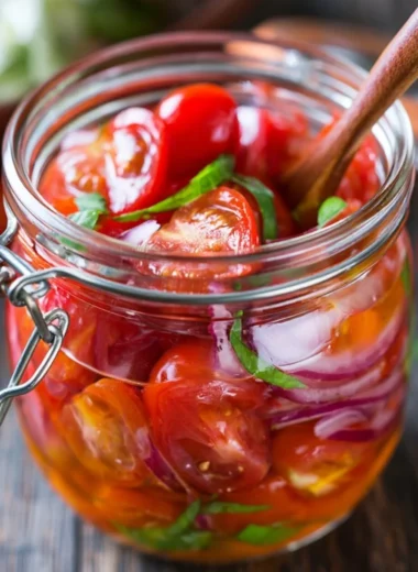 Bowl of flavorful marinated cherry tomatoes garnished with herbs