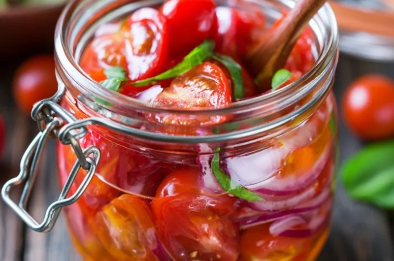 Bowl of flavorful marinated cherry tomatoes garnished with herbs