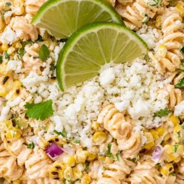 Bowl of Mexican Street Corn Pasta Salad with vibrant vegetables and dressing