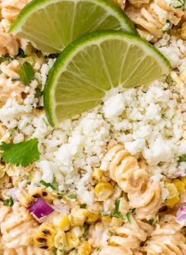 Bowl of Mexican Street Corn Pasta Salad with vibrant vegetables and dressing