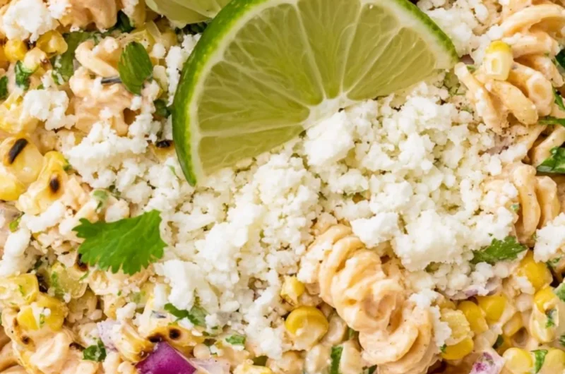 Bowl of Mexican Street Corn Pasta Salad with vibrant vegetables and dressing