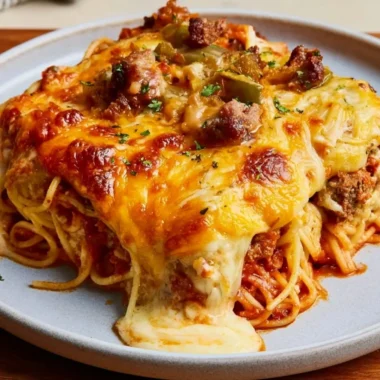 Plate of Million Dollar Spaghetti topped with melted cheese and herbs.