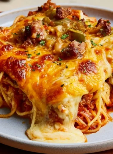 Plate of Million Dollar Spaghetti topped with melted cheese and herbs.
