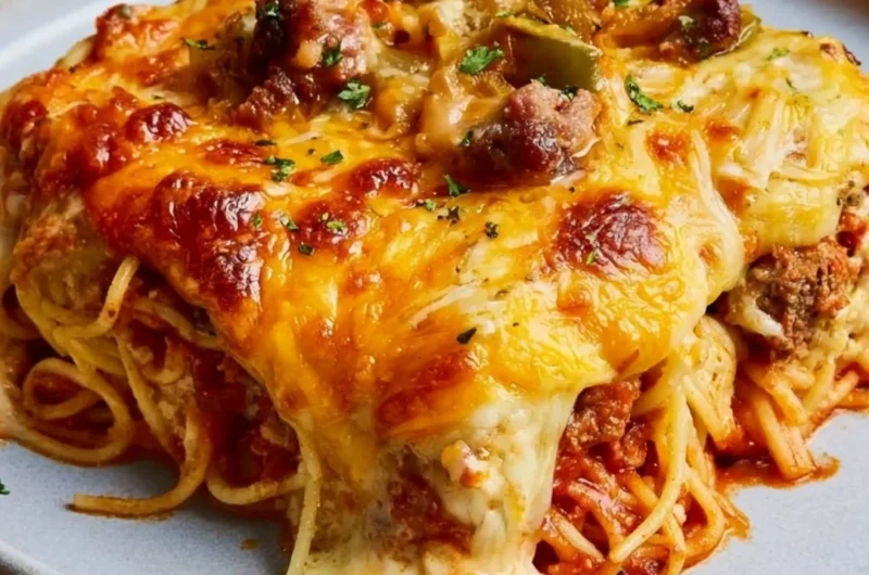 Plate of Million Dollar Spaghetti topped with melted cheese and herbs.