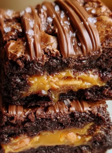 Delicious homemade Snickers brownies topped with caramel and nuts