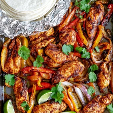 Sheet pan chicken fajitas with colorful bell peppers and onions