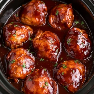 Slow cooker BBQ chicken thighs garnished with herbs and served on a plate