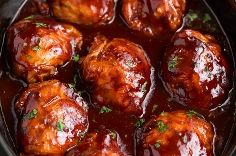 Slow cooker BBQ chicken thighs garnished with herbs and served on a plate