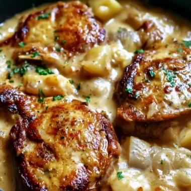 Delicious smothered pork chop served with scalloped potato casserole