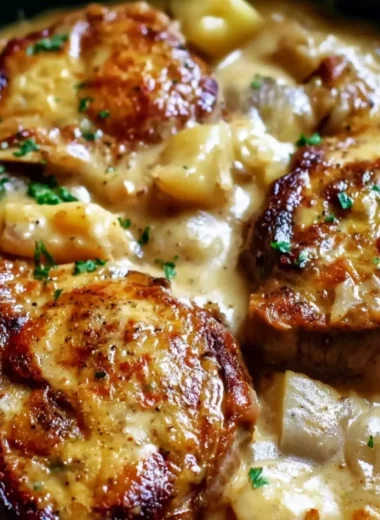 Delicious smothered pork chop served with scalloped potato casserole