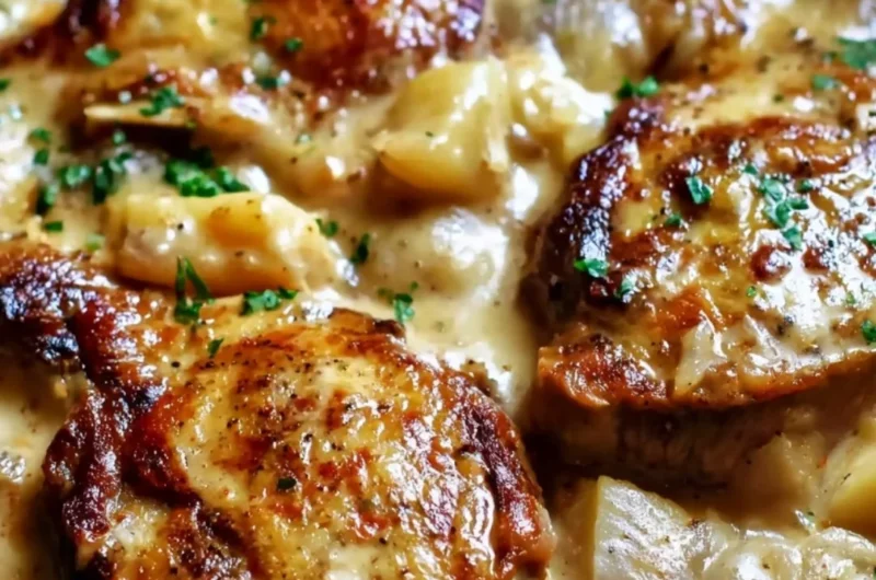 Delicious smothered pork chop served with scalloped potato casserole