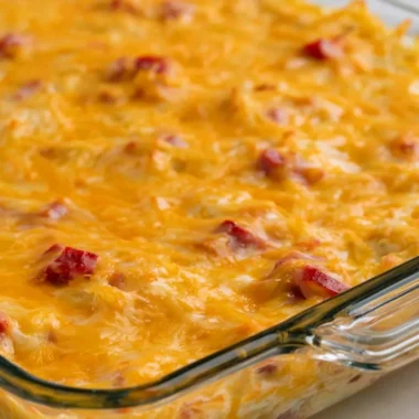 Delicious super cheesy ham and potato casserole served in a baking dish
