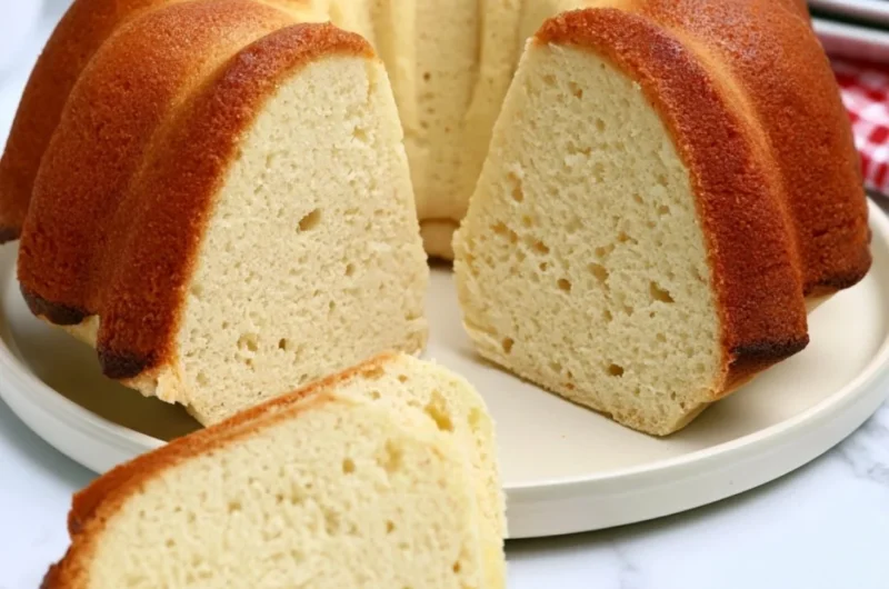 Delicious slice of Million Dollar Pound Cake on a white plate