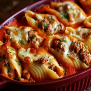 Delicious stuffed shells filled with ground beef and topped with marinara sauce.