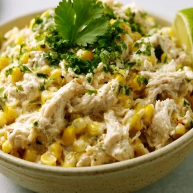 TikTok summer crockpot chicken with street corn recipe in a bowl