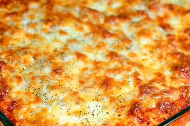 Delicious baked spaghetti dish topped with melted cheese and fresh herbs
