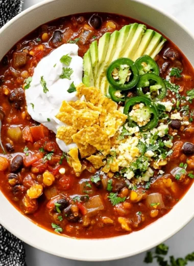 Bowl of Vegan Black Bean Chili topped with fresh cilantro and avocado slices