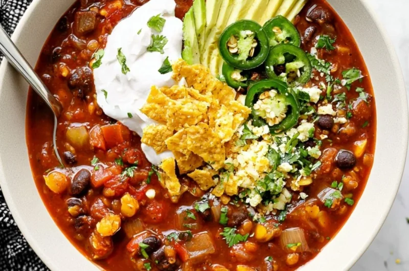 Bowl of Vegan Black Bean Chili topped with fresh cilantro and avocado slices