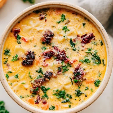 Bowl of warm Italian Sausage Pasta Soup garnished with herbs