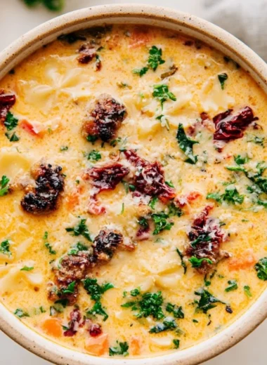 Bowl of warm Italian Sausage Pasta Soup garnished with herbs