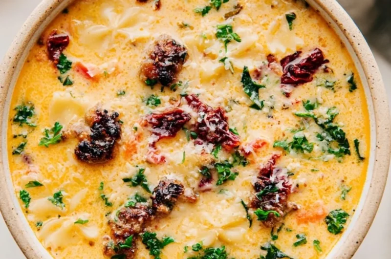 Bowl of warm Italian Sausage Pasta Soup garnished with herbs