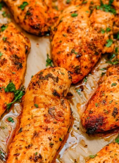 Crispy oven baked chicken tenders served with dipping sauce