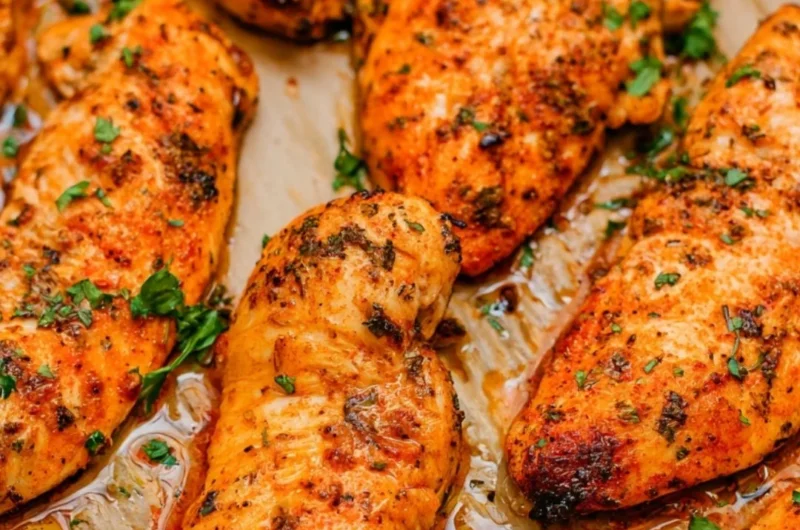Crispy oven baked chicken tenders served with dipping sauce