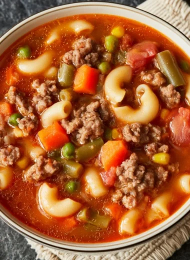 A steaming bowl of Busy Day Soup with vibrant vegetables and herbs for a quick meal.