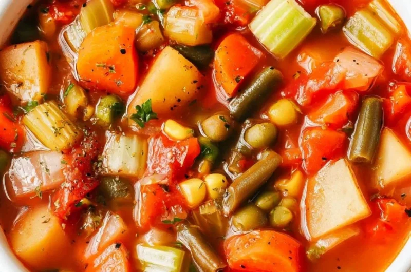Hearty vegetable soup in a bowl with colorful vegetables
