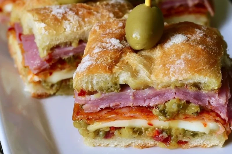 New Orleans style muffaletta sandwich bites with olives and meats.